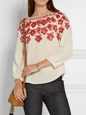 Tory Burch Cream Blouse with Red Embroidered Yoke
